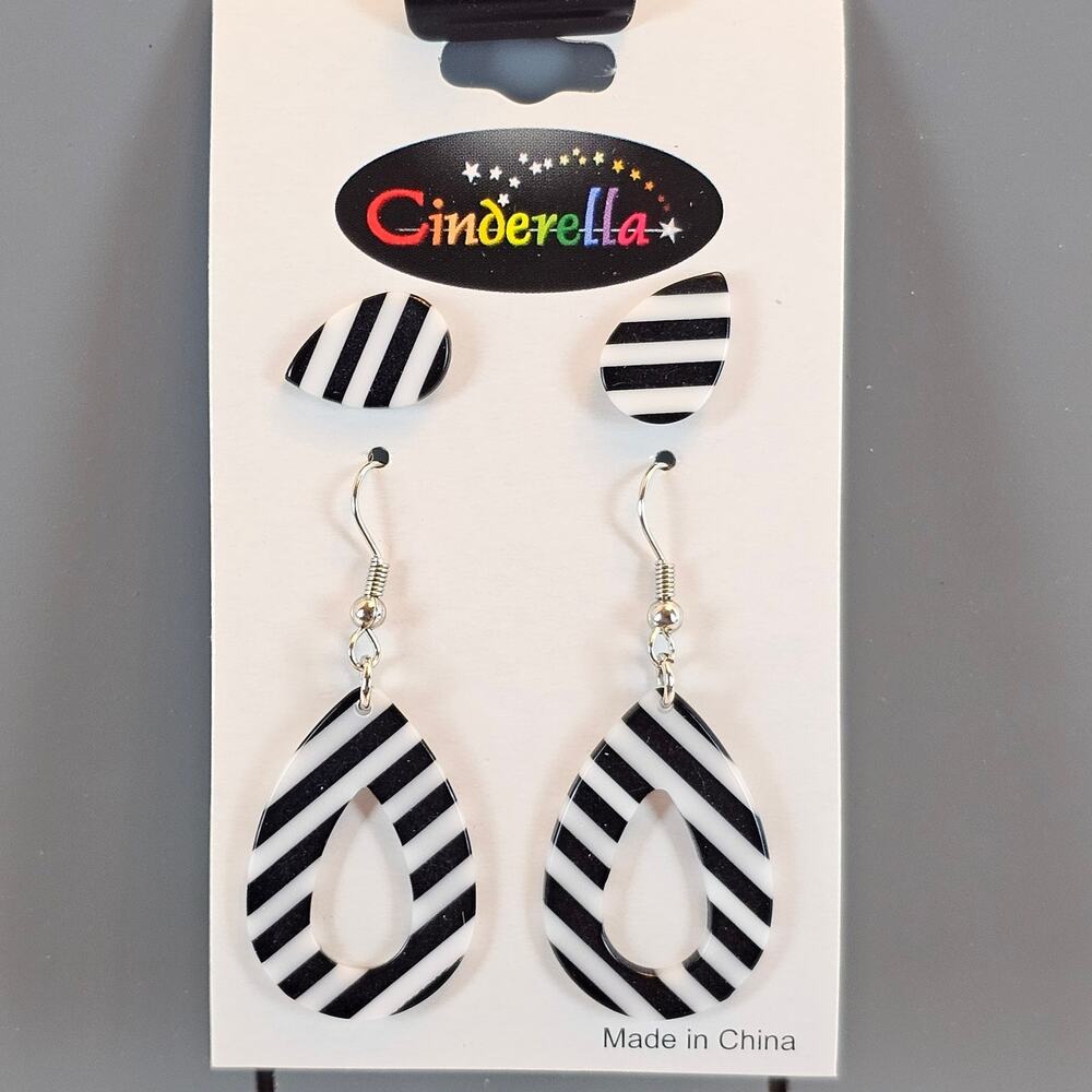 Cinderella Black White Striped Teardrop Earrings Set Stud & Dangle New